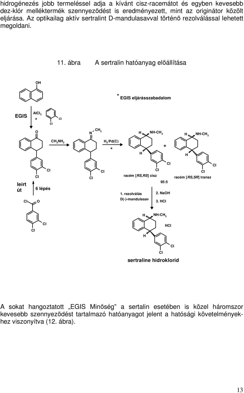 ábra A sertralin hatóanyag előállítása * EGIS eljárásszabadalom EGIS Al 3 * C 3 -C 3 -C 3 C 3 2 2 /Pd(C) * + leírt út 6 lépés racém [RS,RS] cisz 95:5 1. rezolválás 2.