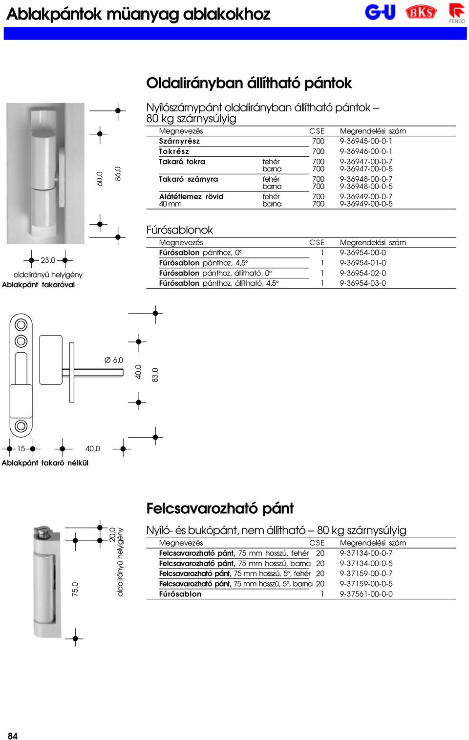 9-36949-00-0-5 23,0 oldalirányú helyigény Ablakpánt takaróval Fúrósablon pánthoz, 0 1 9-36954-00-0 Fúrósablon pánthoz, 4,5 1 9-36954-01-0 Fúrósablon pánthoz, állítható, 0 1 9-36954-02-0 Fúrósablon