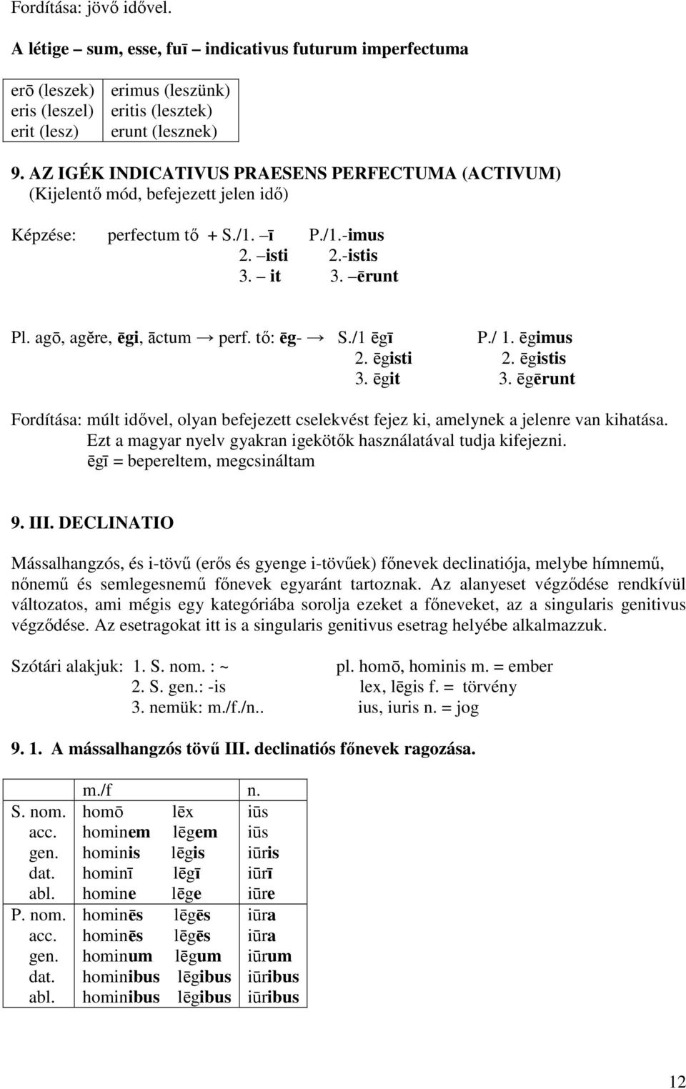 tı: ēg- S./1 ēgī P./ 1. ēgimus 2. ēgisti 2. ēgistis 3. ēgit 3. ēgērunt Fordítása: múlt idıvel, olyan befejezett cselekvést fejez ki, amelynek a jelenre van kihatása.