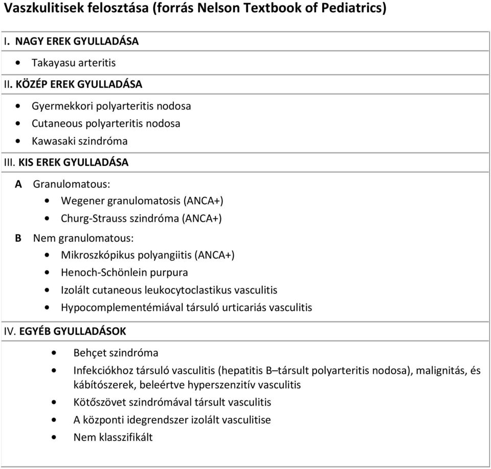 KIS EREK GYULLADÁSA A Granulomatous: Wegener granulomatosis (ANCA+) Churg-Strauss szindróma (ANCA+) B Nem granulomatous: Mikroszkópikus polyangiitis (ANCA+) Henoch-Schönlein purpura Izolált