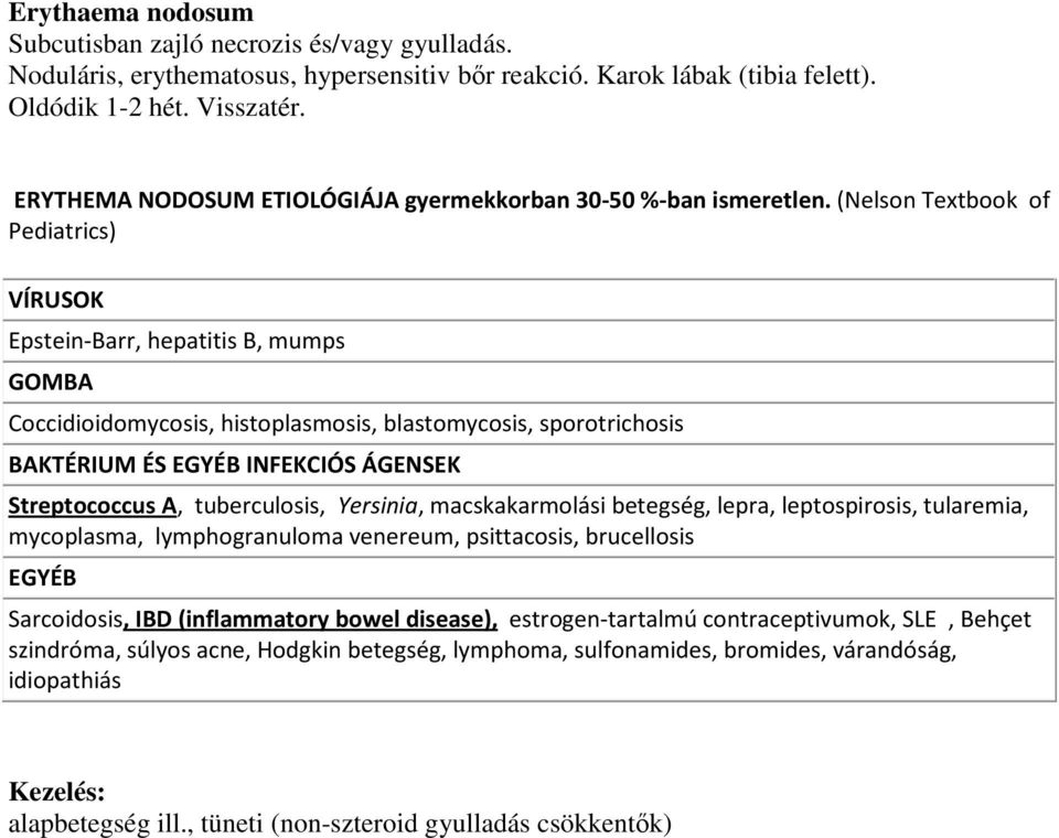 (Nelson Textbook of Pediatrics) VÍRUSOK Epstein-Barr, hepatitis B, mumps GOMBA Coccidioidomycosis, histoplasmosis, blastomycosis, sporotrichosis BAKTÉRIUM ÉS EGYÉB INFEKCIÓS ÁGENSEK Streptococcus A,