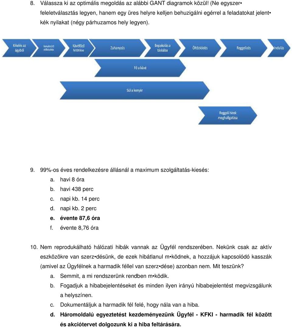 99%-os éves rendelkezésre állásnál a maximum szolgáltatás-kiesés: a. havi 8 óra b. havi 438 perc c. napi kb. 14 perc d. napi kb. 2 perc e. évente 87,6 óra f. évente 8,76 óra 10.