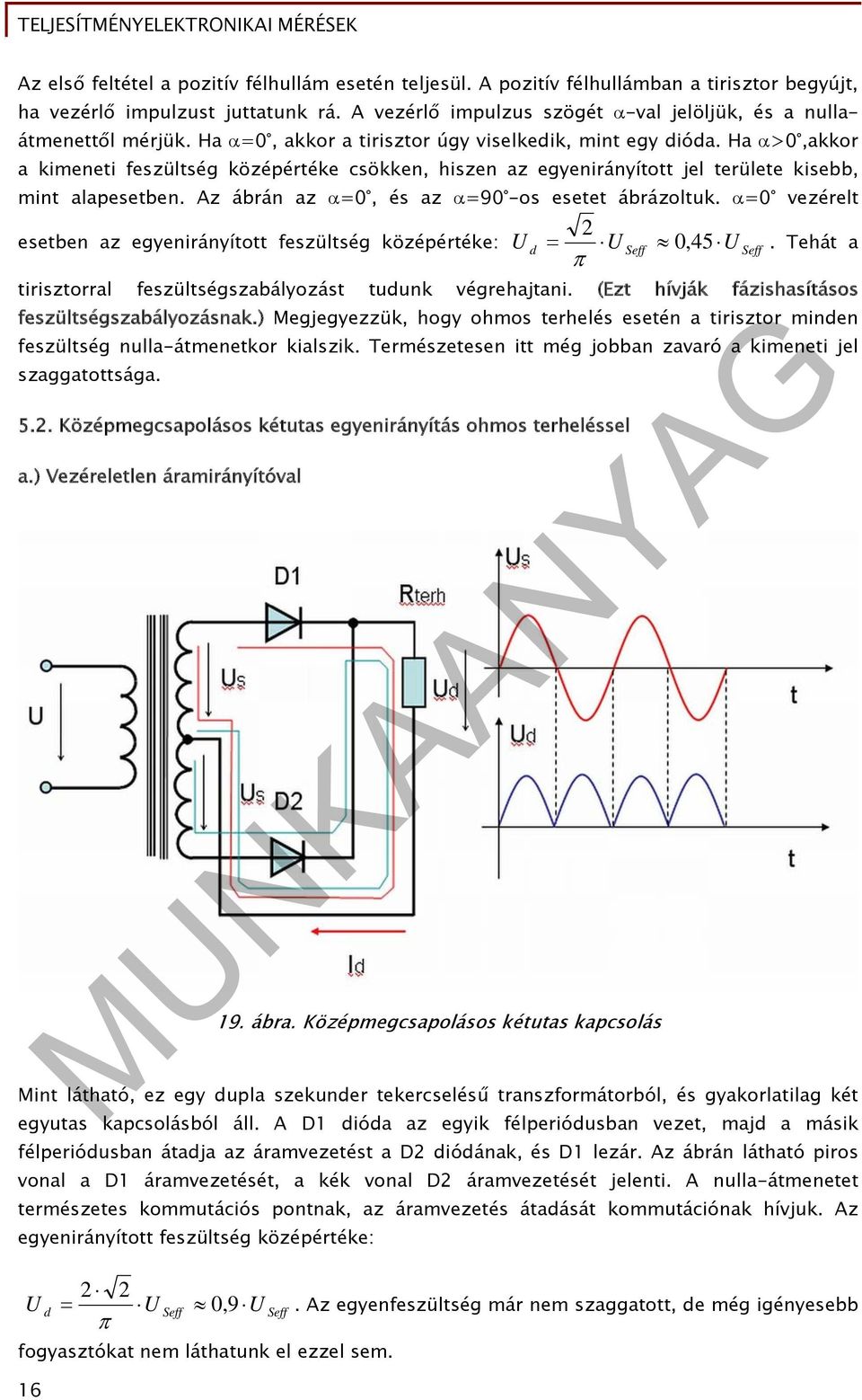 Ha >0,akkor a kimeneti feszültség középértéke csökken, hiszen az egyenirányított jel területe kisebb, mint alapesetben. Az ábrán az =0, és az =90 -os esetet ábrázoltuk.