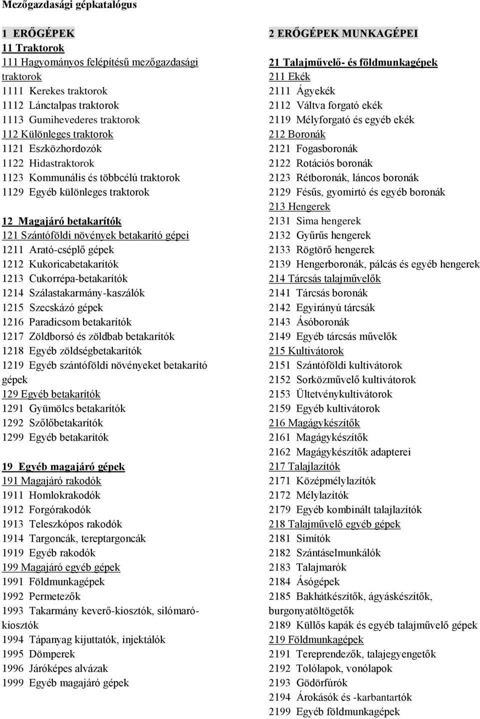 Arató-cséplő 1212 Kukoricabetakarítók 1213 Cukorrépa-betakarítók 1214 Szálastakarmány-kaszálók 1215 Szecskázó 1216 Paradicsom betakarítók 1217 Zöldborsó és zöldbab betakarítók 1218 Egyéb