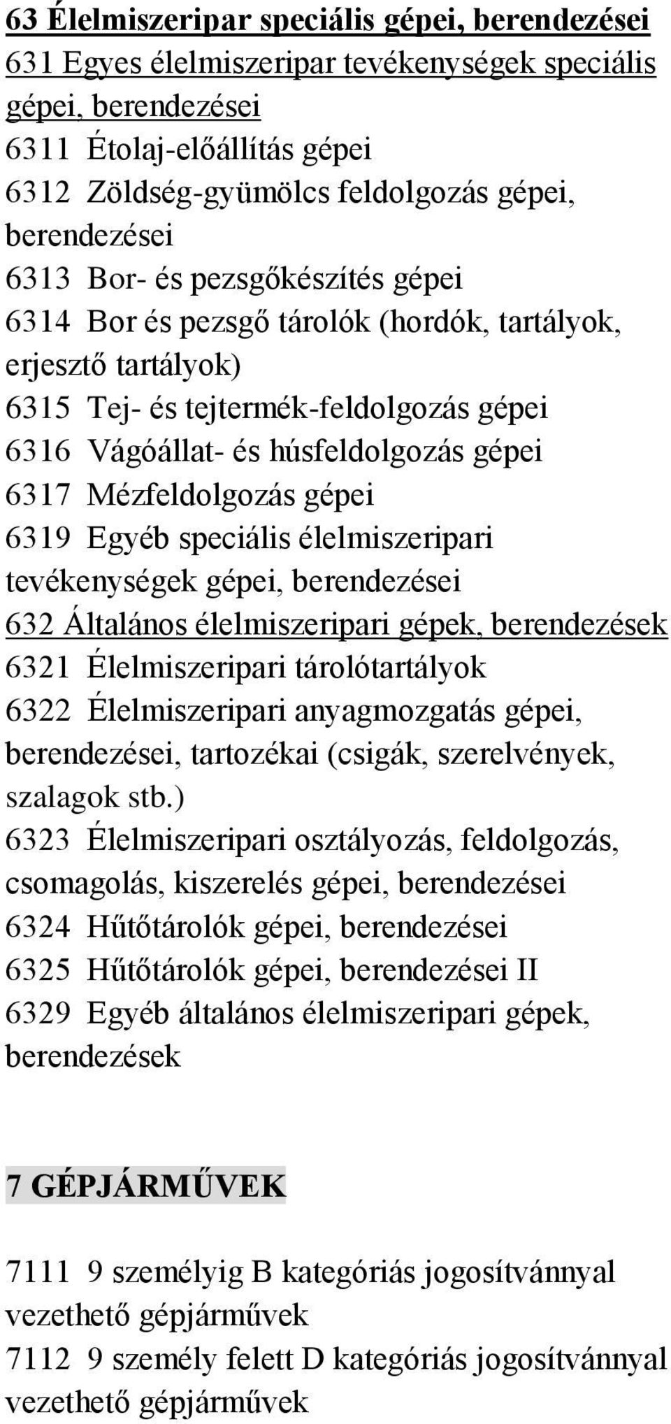 élelmiszeripari tevékenységek gépei, 632 Általános élelmiszeripari, berendezések 6321 Élelmiszeripari tárolótartályok 6322 Élelmiszeripari anyagmozgatás gépei,, tartozékai (csigák, szerelvények,