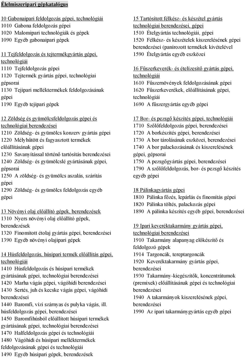 gyümölcsfeldolgozás gépei és technológiai 1210 Zöldség- és gyümölcs konzerv gyártás gépei 1220 Mélyhűtött és fagyasztott termékek előállításának gépei 1230 Savanyítással történő tartósítás 1240