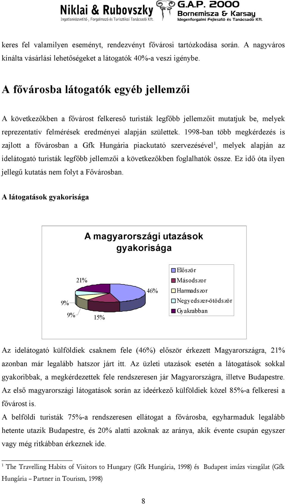 1998ban több megkérdezés is zajlott a fővárosban a Gfk Hungária piackutató szervezésével1, melyek alapján az idelátogató turisták legfőbb jellemzői a következőkben foglalhatók össze.