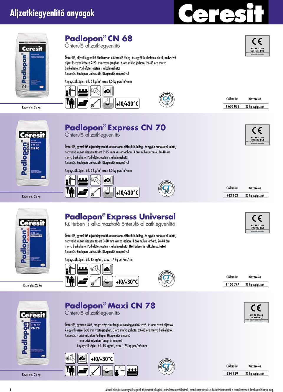 Alapozás: Padlopon Univerzális Diszperziós alapozóval MSZ EN 13813 CA-C16-F6-B0,5 Polimerrel módosított cementtartalmú padozati anyag épületen belüli felhasználásra Anyagszükséglet: átl.