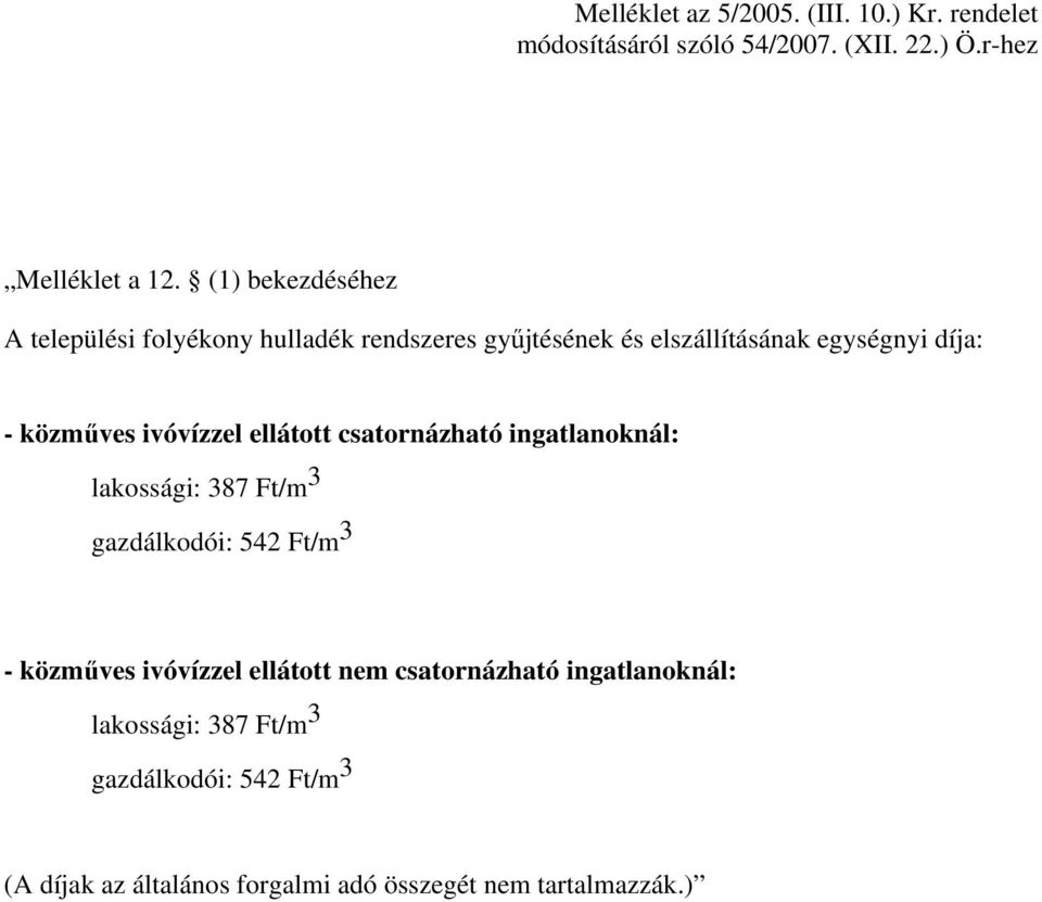 ivóvízzel ellátott csatornázható ingatlanoknál: lakossági: 387 Ft/m 3 gazdálkodói: 542 Ft/m 3 - közműves ivóvízzel