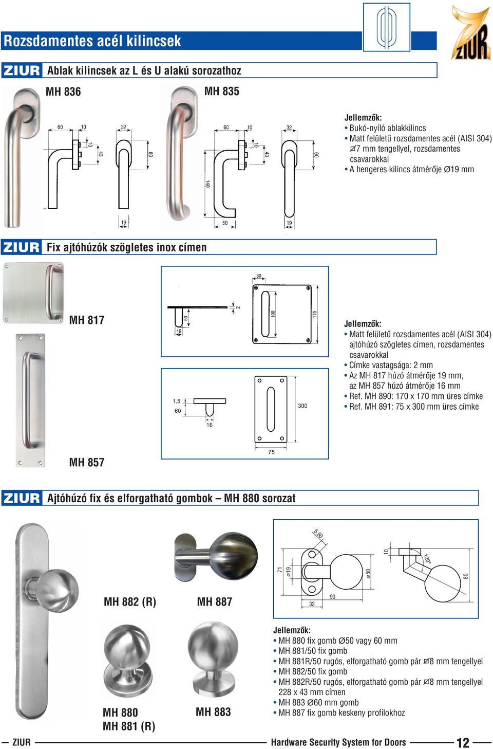 817 húzó átmérõje 19 mm, az MH 857 húzó átmérõje 16 mm Ref. MH 890: 170 x 170 mm üres címke Ref.