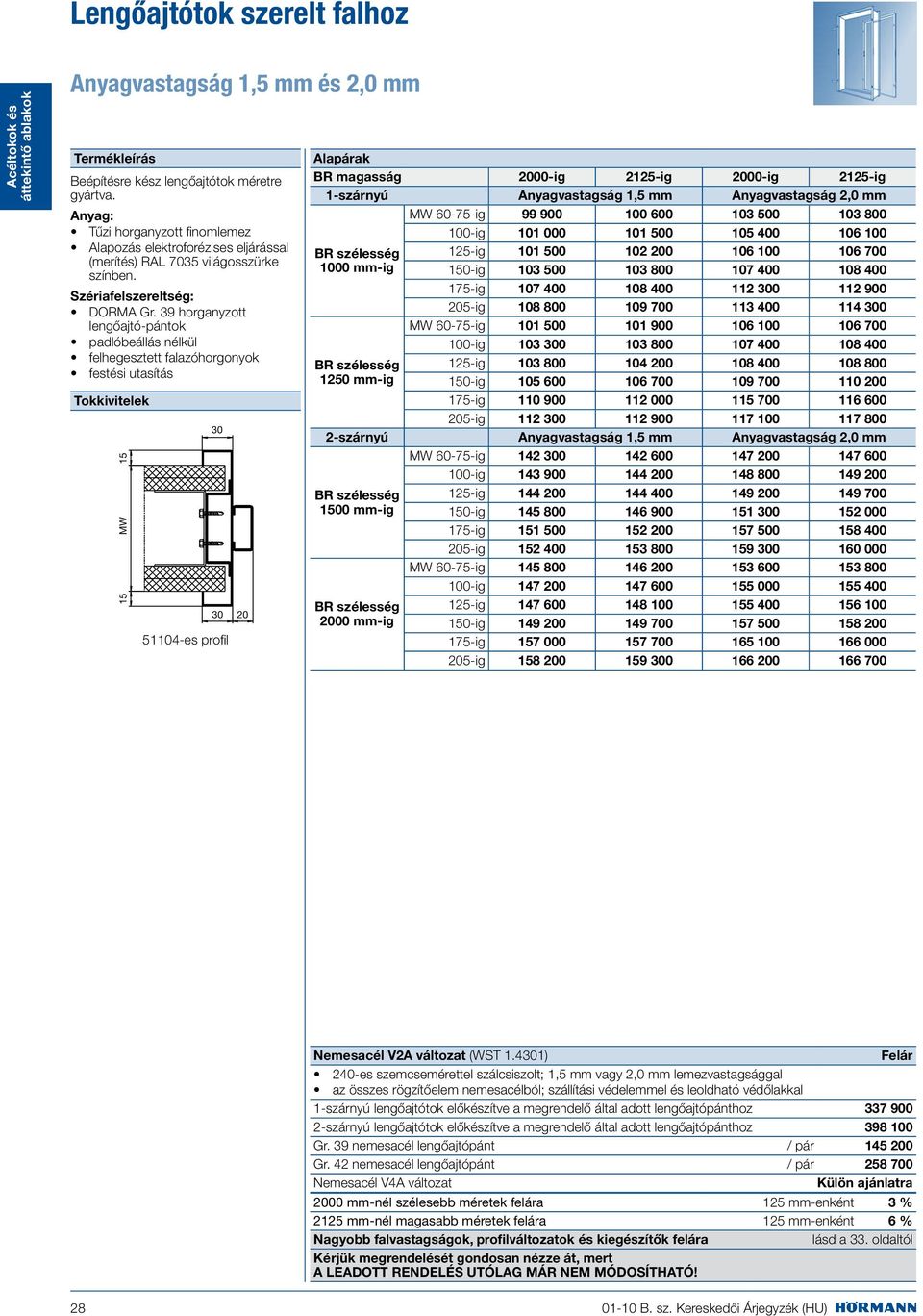 39 horganyzott lengőajtó-pántok padlóbeállás nélkül felhegesztett falazóhorgonyok festési utasítás Tokkivitelek 15 MW 15 30 51104-es profil 30 20 Alapárak BR magasság 2000-ig 2125-ig 2000-ig 2125-ig