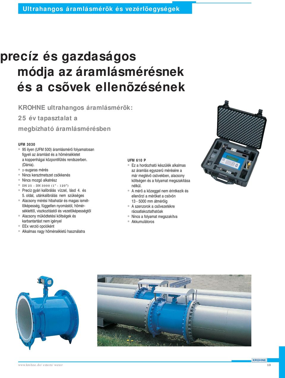 2-sugaras mérés Nincs kersztmetszet csökkenés Nincs mozgó alkatrész DN 25 - DN 3000 (1-120 ) Precíz gyári kalibrálás vízzel, lásd 4. és 5.