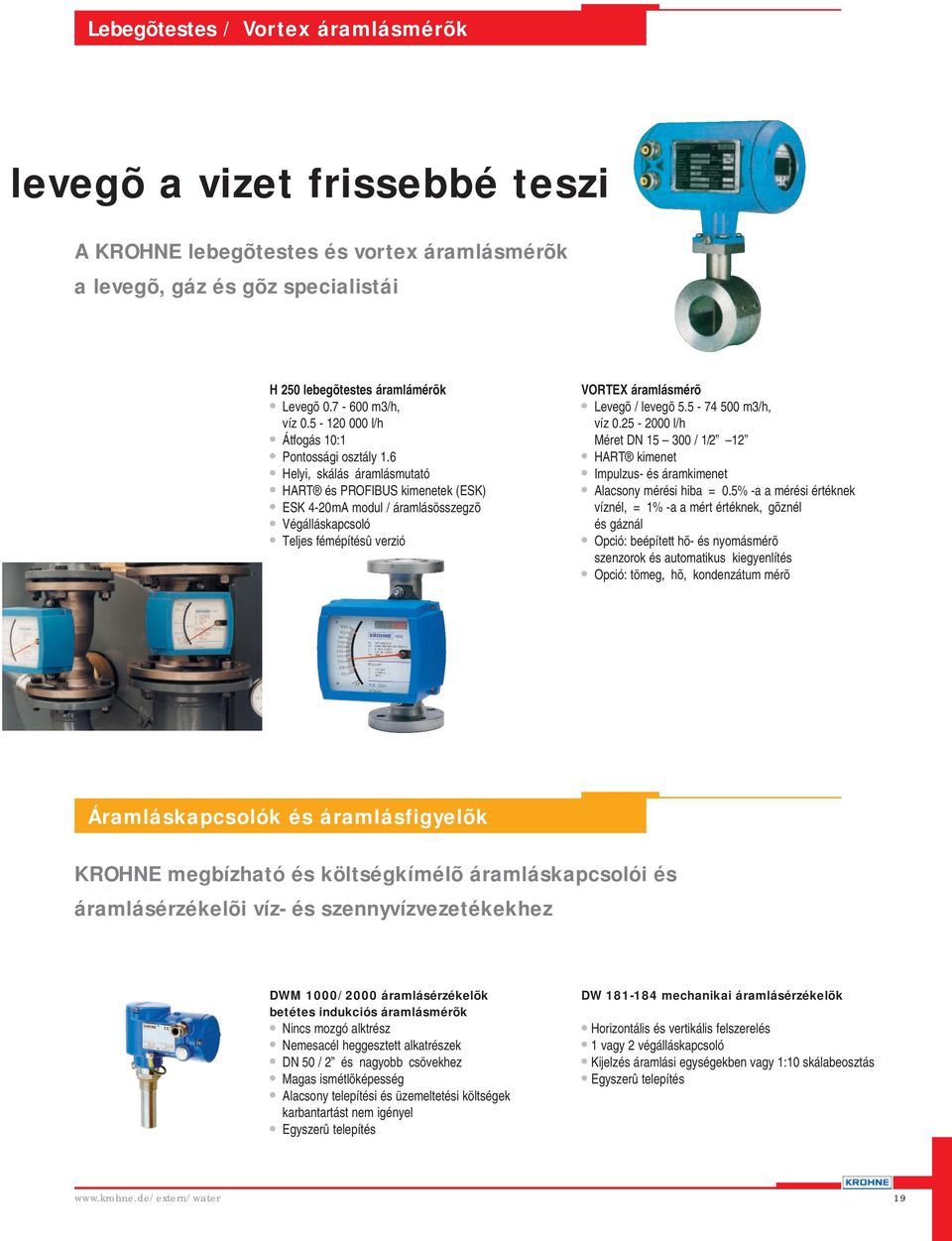 6 Helyi, skálás áramlásmutató HART és PROFIBUS kimenetek (ESK) ESK 4-20mA modul / áramlásösszegzõ Végálláskapcsoló Teljes fémépítésû verzió VORTEX áramlásmérõ Levegõ / levegõ 5.5-74 500 m3/h, víz 0.