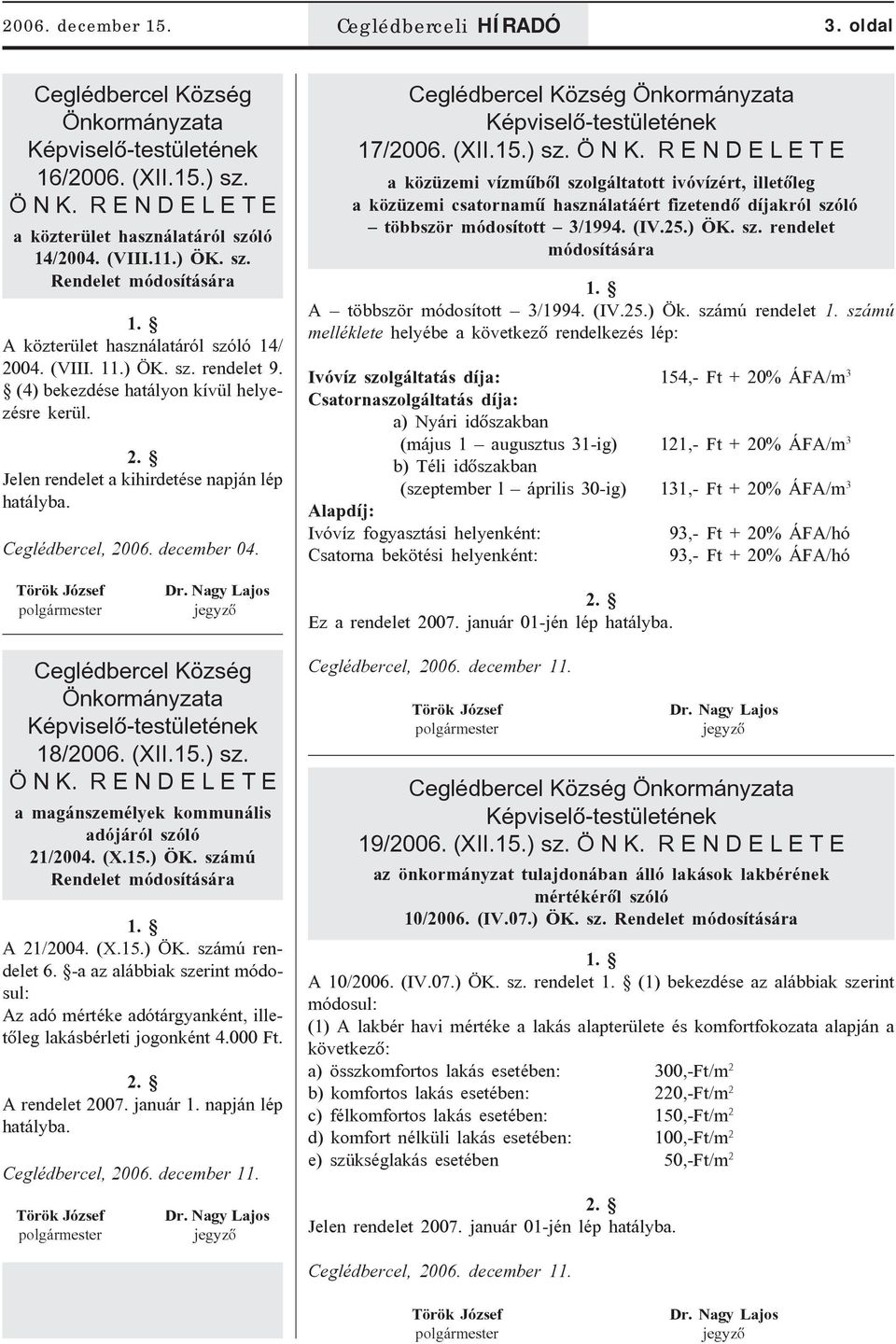 Nagy Lajos Ceglédbercel Község Önkormányzata 18/2006. (XII.15.) sz. Ö N K. R E N D E L E T E a magánszemélyek kommunális adójáról szóló 21/2004. (X.15.) ÖK. számú Rendelet módosítására A 21/2004. (X.15.) ÖK. számú rendelet 6.