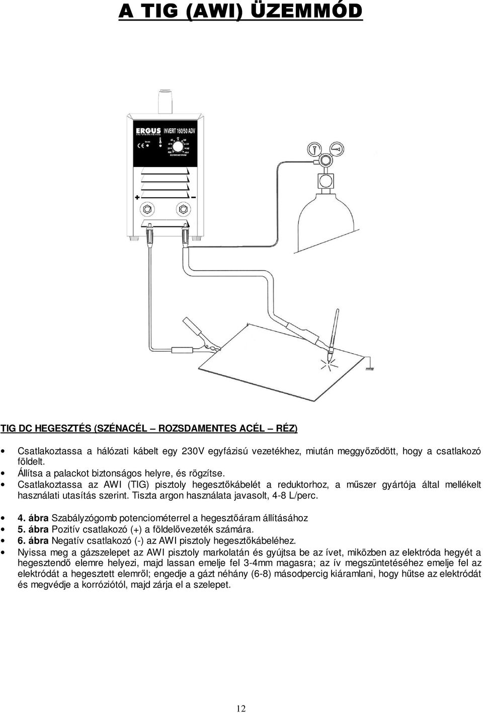 Tiszta argon használata javasolt, 4-8 L/perc. 4. ábra Szabályzógomb potenciométerrel a hegesztıáram állításához 5. ábra Pozitív csatlakozó (+) a földelıvezeték számára. 6.