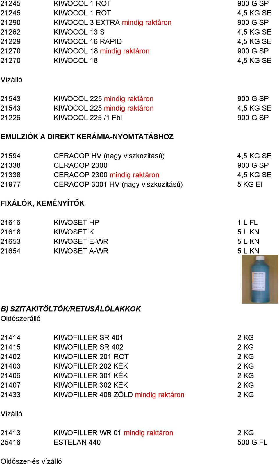 KERÁMIA-NYOMTATÁSHOZ 21594 CERACOP HV (nagy viszkozitású) 4,5 KG SE 21338 CERACOP 2300 900 G SP 21338 CERACOP 2300 mindig raktáron 4,5 KG SE 21977 CERACOP 3001 HV (nagy viszkozitású) 5 KG EI FIXÁLÓK,