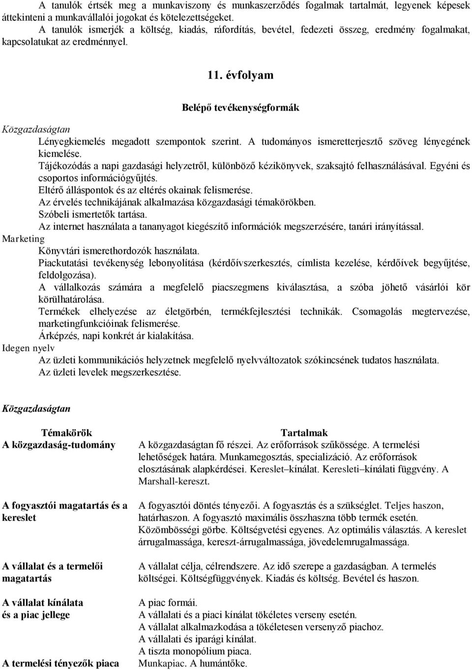 évfolyam Belépő tevékenységformák Közgazdaságtan Lényegkiemelés megadott szempontok szerint. A tudományos ismeretterjesztő szöveg lényegének kiemelése.