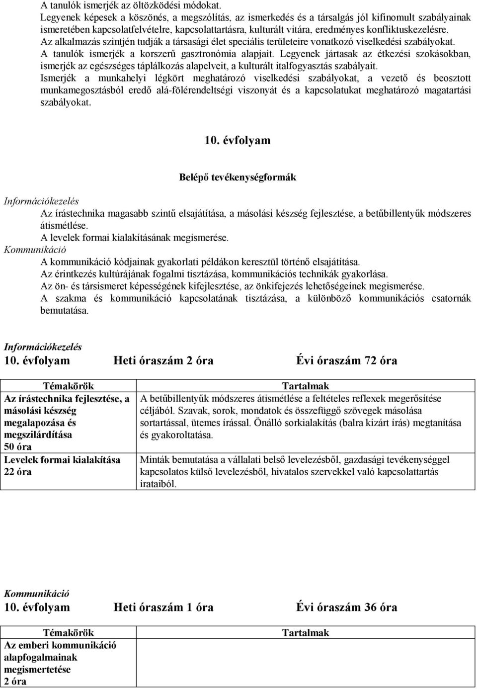 konfliktuskezelésre. Az alkalmazás szintjén tudják a társasági élet speciális területeire vonatkozó viselkedési szabályokat. A tanulók ismerjék a korszerű gasztronómia alapjait.