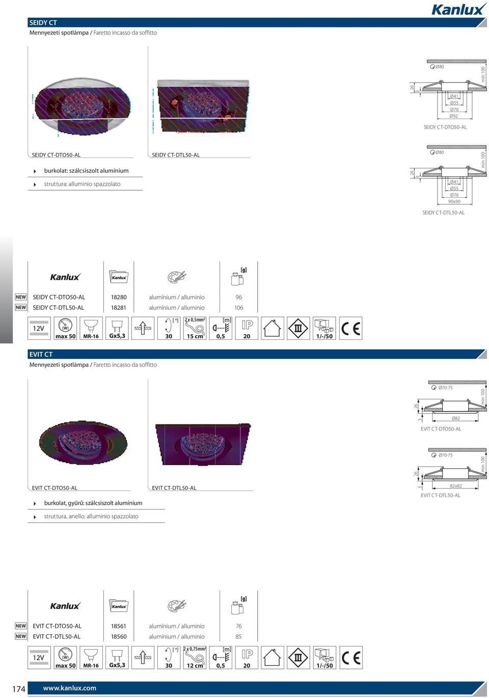 EVIT CT Mennyezeti spotlámpa / Faretto incasso da soffitto 26 Ø70-75 3 Ø82 EVIT CT-DTO50-AL 26 Ø70-75 EVIT CT-DTO50-AL burkolat, gyűrű: szálcsiszolt alumínium struttura, anello: alluminio