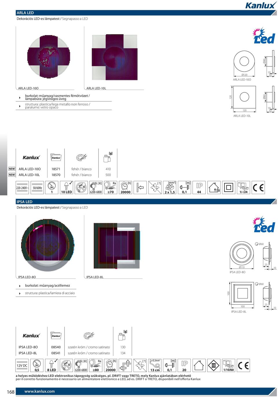 0,1 44 1/-/24 IPSA LED Dekorációs LED-es lámpatest / Segnapasso a LED Ø60 IPSA LED-8O IPSA LED-8L Ø110 IPSA LED-8O 23 10 burkolat: műanyag/acéllemez struttura: plastica/lamiera di acciaio 100 Ø60 100