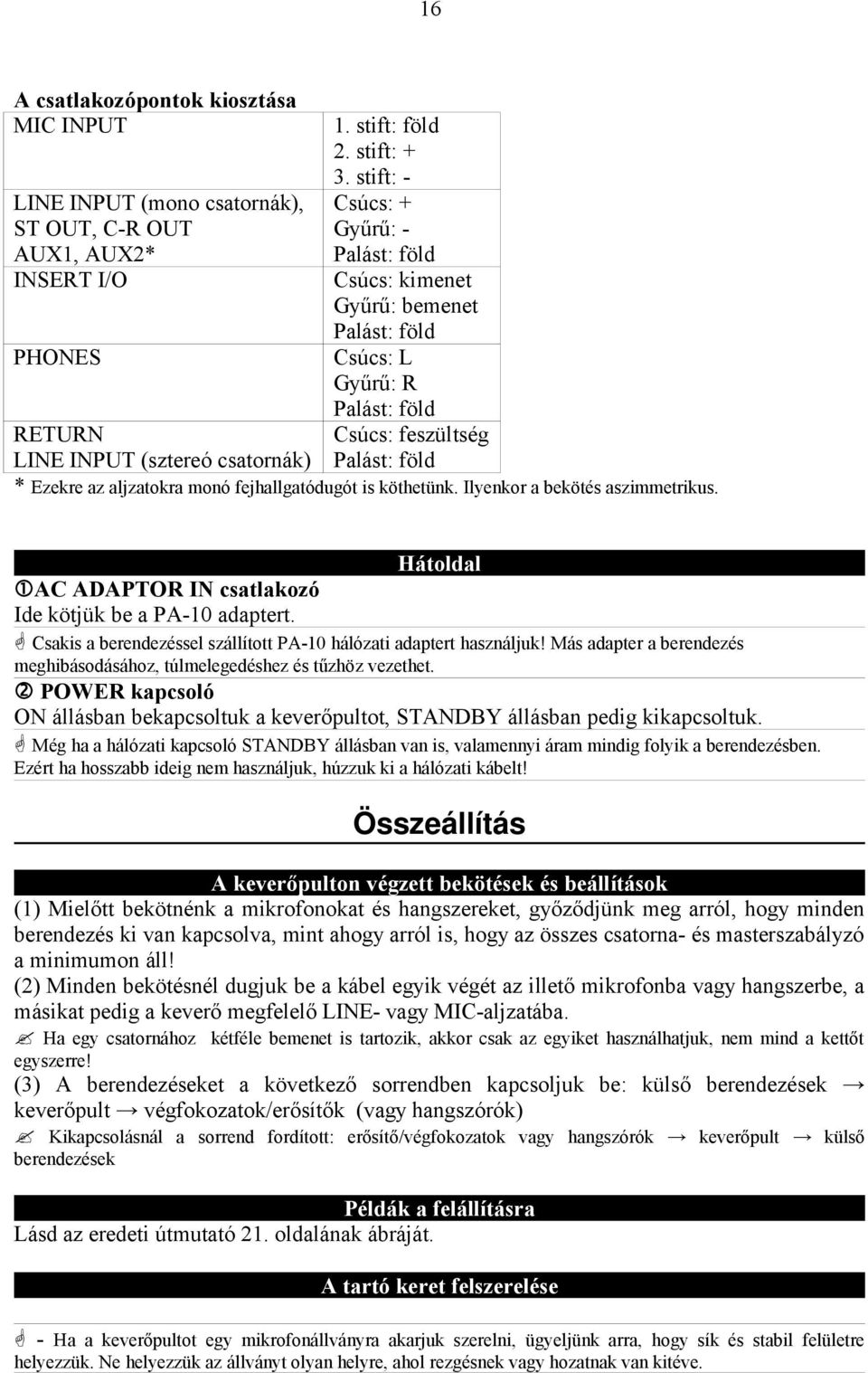 aljzatokra monó fejhallgatódugót is köthetünk. Ilyenkor a bekötés aszimmetrikus. Hátoldal AC ADAPTOR IN csatlakozó Ide kötjük be a PA-10 adaptert.