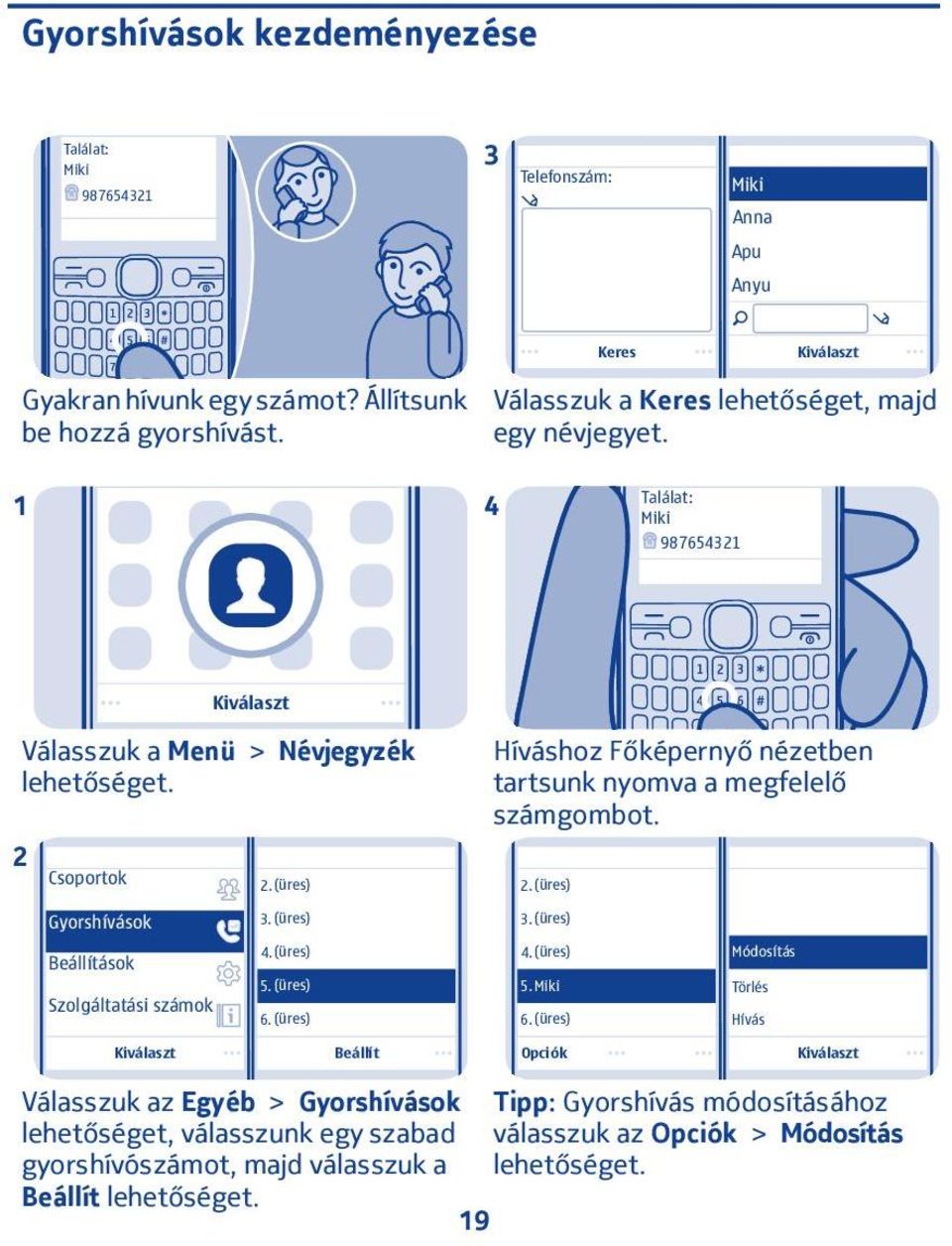 (üres) Híváshoz Főképernyő nézetben tartsunk nyomva a megfelelő számgombot.. (üres) Gyorshívások 3. (üres) 3. (üres) Beállítások 4.(üres) 4.