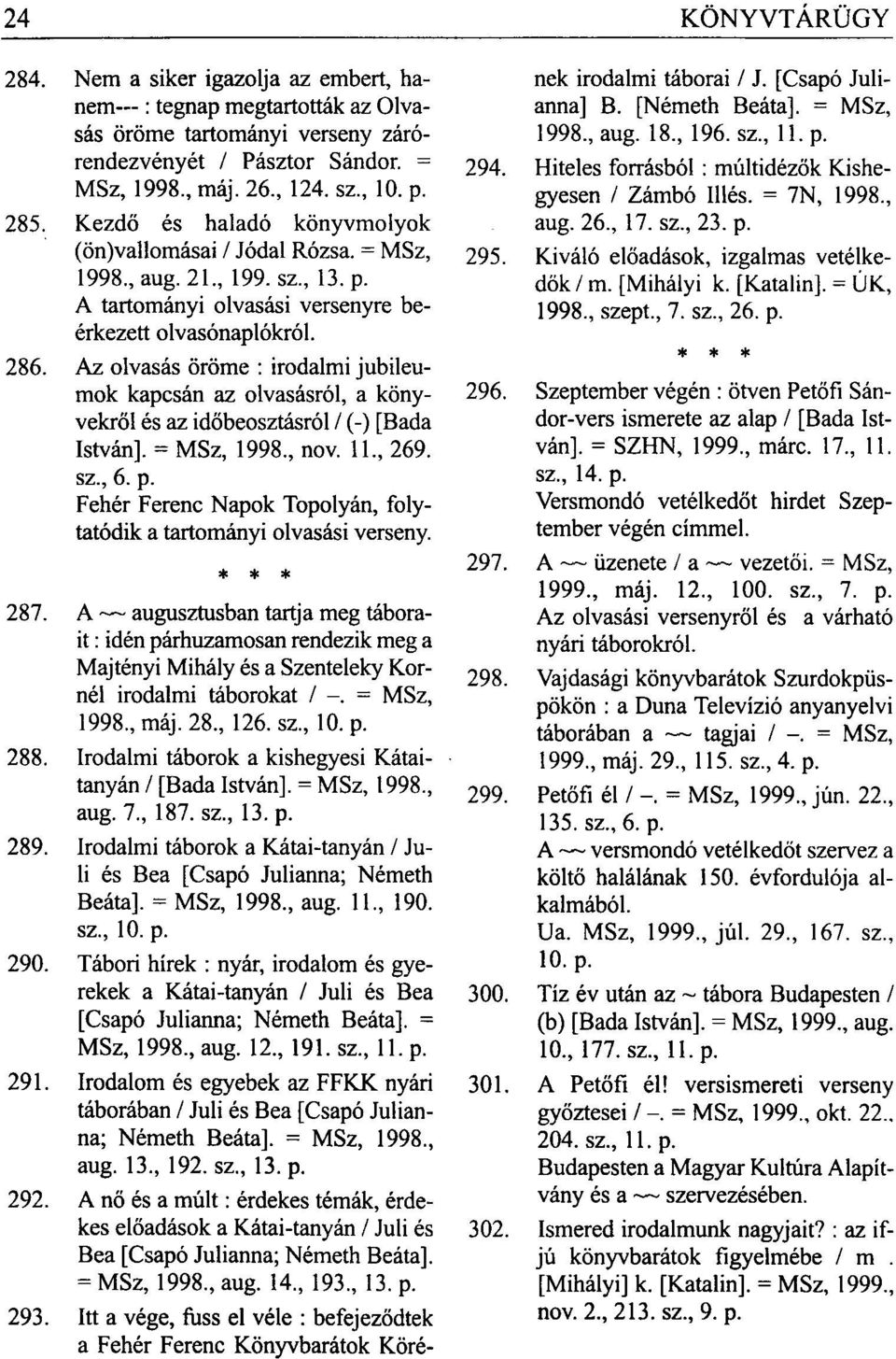 Az olvasás öröme : irodalmi jubileumok kapcsán az olvasásról, a könyvekről és az időbeosztásról / (-) [Bada István]. = MSz, 1998, nov. 11, 269. sz, 6. p.