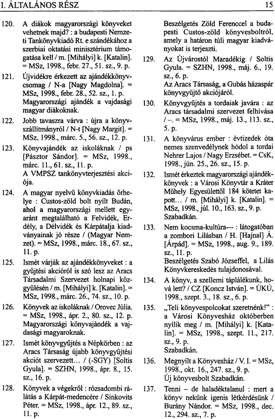 Jobb tavaszra várva : újra a könyvszállítmányról / N-t [Nagy Margit]. = MSz, 1998, márc. 5, 56. sz, 12. p. 123. Könyvajándék az iskoláknak / ps [Pásztor Sándor]. = MSz, 1998, márc. 11, 61. sz, 11. p. A VMPSZ tankönyvterjesztési akciója.