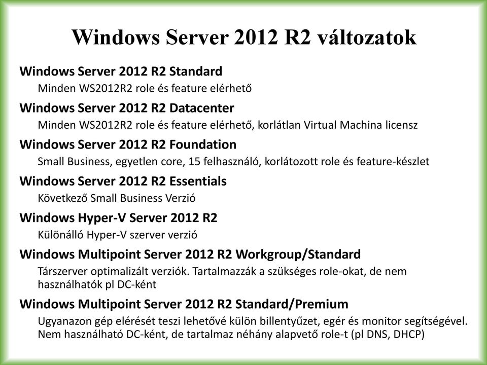 Verzió Windows Hyper-V Server 2012 R2 Különálló Hyper-V szerver verzió Windows Multipoint Server 2012 R2 Workgroup/Standard Társzerver optimalizált verziók.