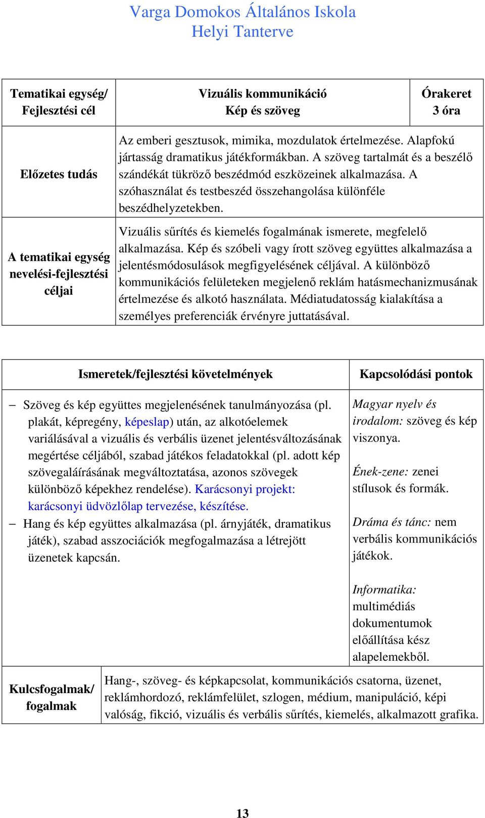 Vizuális sűrítés és kiemelés fogalmának ismerete, megfelelő alkalmazása. Kép és szóbeli vagy írott szöveg együttes alkalmazása a jelentésmódosulások megfigyelésének céljával.