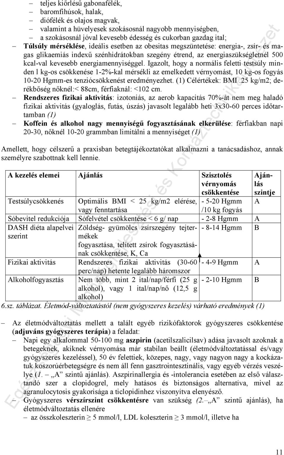 energiamennyiséggel. Igazolt, hogy a normális feletti testsúly minden l kg-os csökkenése 1-2%-kal mérsékli az emelkedett vérnyomást, 10 kg-os fogyás 10-20 Hgmm-es tenziócsökkenést eredményezhet.