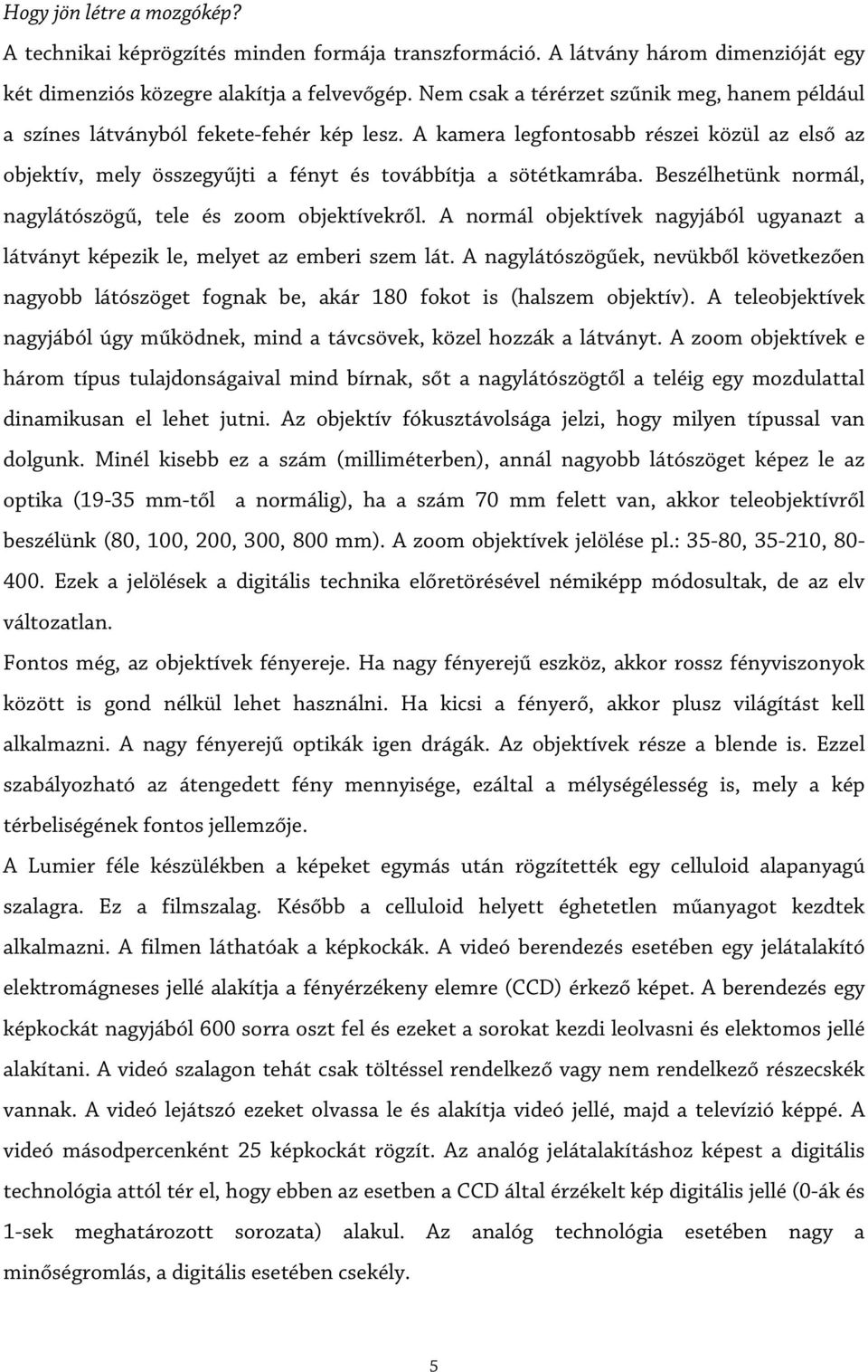 Beszélhetünk normál, nagylátószögű, tele és zoom objektívekről. A normál objektívek nagyjából ugyanazt a látványt képezik le, melyet az emberi szem lát.