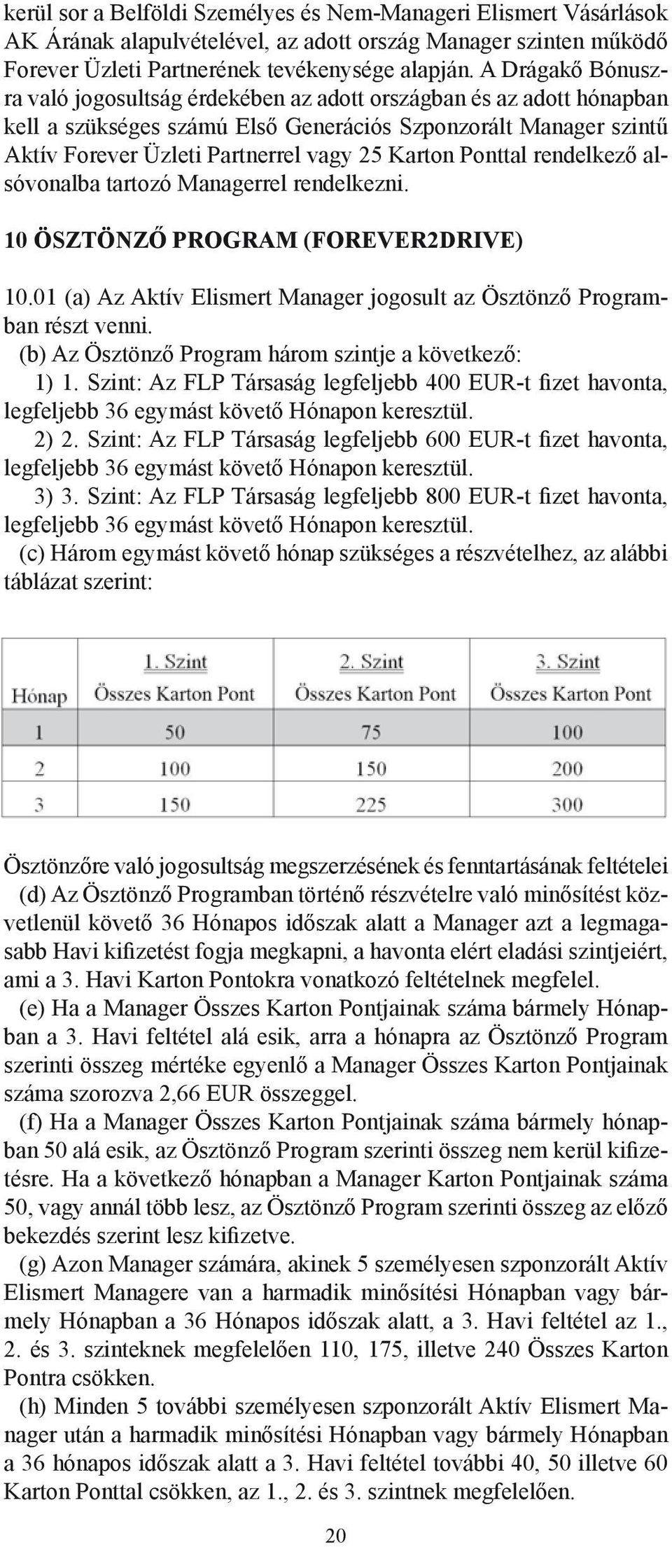 Ponttal rendelkező alsóvonalba tartozó Managerrel rendelkezni. 10 ÖSZTÖNZŐ PROGRAM (FOREVER2DRIVE) 10.01 (a) Az Aktív Elismert Manager jogosult az Ösztönző Programban részt venni.