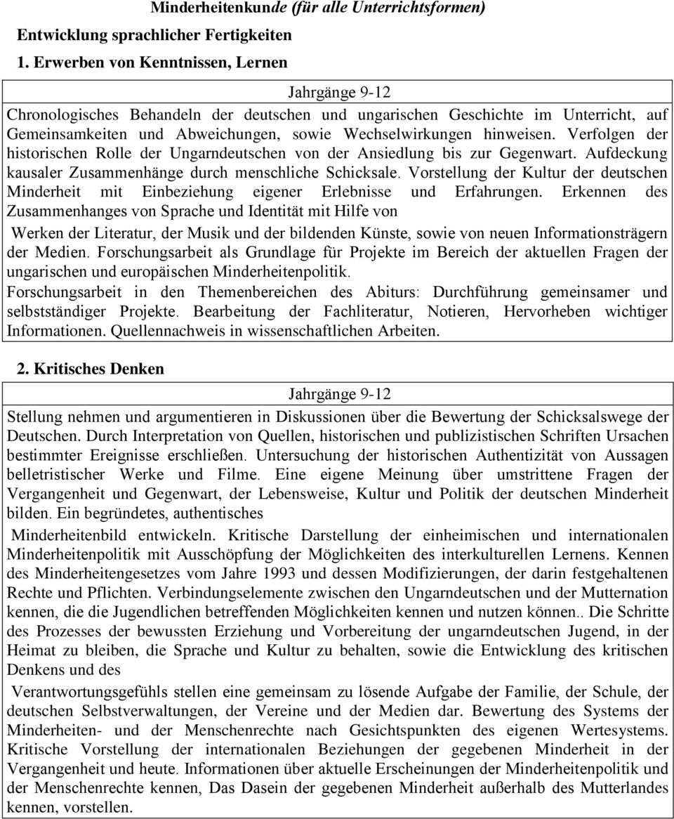 hinweisen. Verfolgen der historischen Rolle der Ungarndeutschen von der Ansiedlung bis zur Gegenwart. Aufdeckung kausaler Zusammenhänge durch menschliche Schicksale.