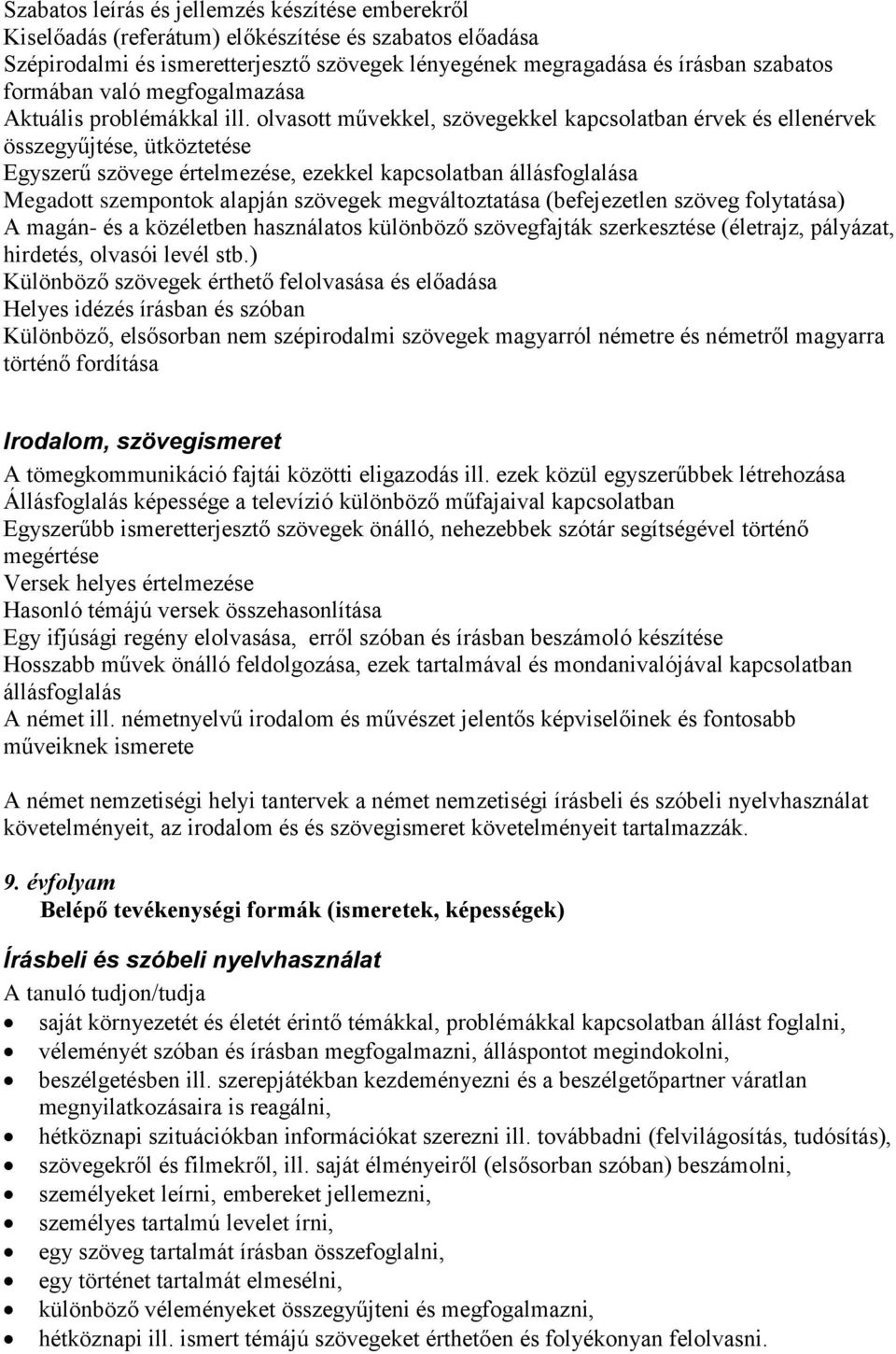 olvasott művekkel, szövegekkel kapcsolatban érvek és ellenérvek összegyűjtése, ütköztetése Egyszerű szövege értelmezése, ezekkel kapcsolatban állásfoglalása Megadott szempontok alapján szövegek