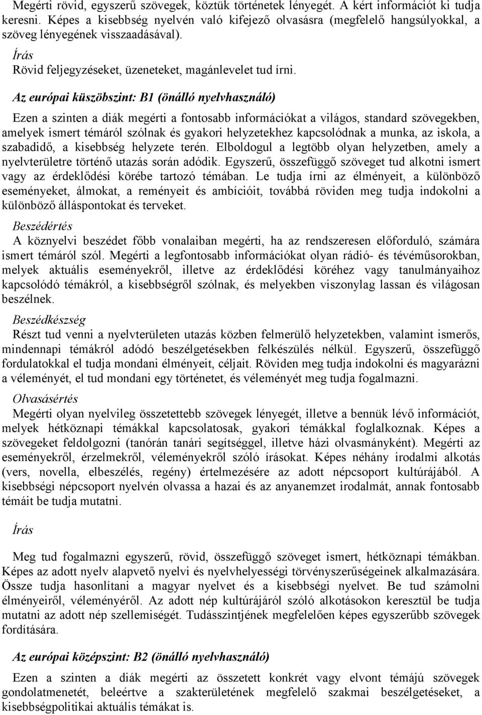 Az európai küszöbszint: B1 (önálló nyelvhasználó) Ezen a szinten a diák megérti a fontosabb információkat a világos, standard szövegekben, amelyek ismert témáról szólnak és gyakori helyzetekhez