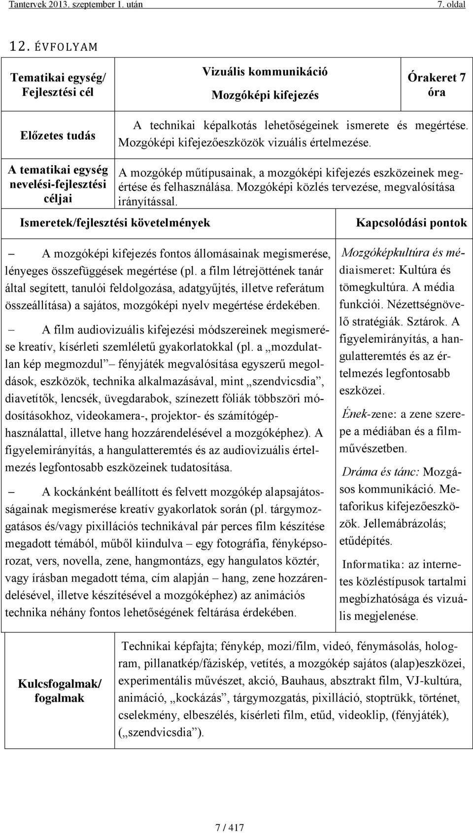 A tematikai egység nevelési-fejlesztési Ismeretek/fejlesztési követelmények A mozgókép műtípusainak, a mozgóképi kifejezés eszközeinek megértése és felhasználása.