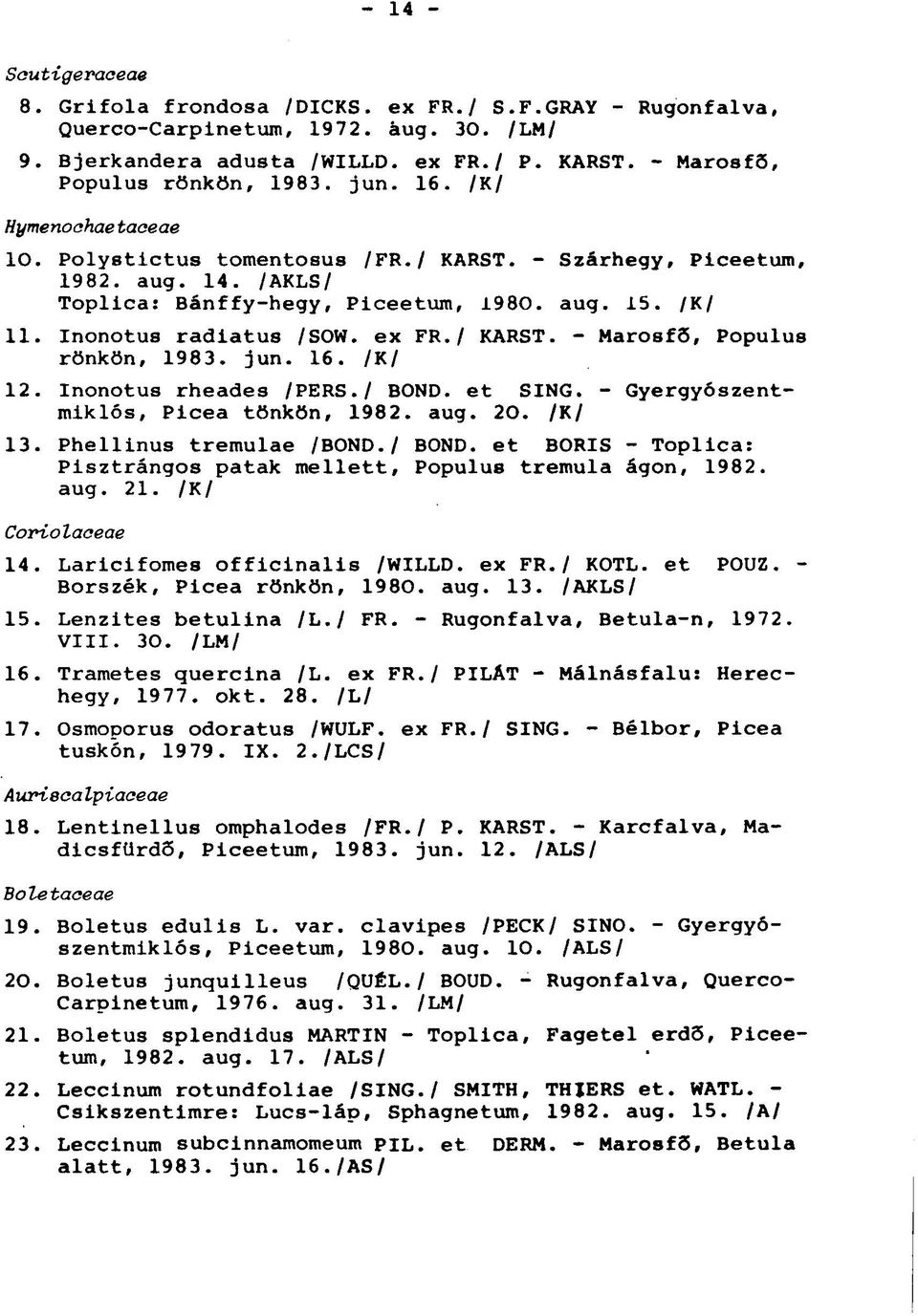 / KARST. - Marosfö, Populus rönkön, 1983. jun. 16. /K/ 12. Inonotus rheades /PERS./ BOND, et SING. - Gyergyószentmiklós, Picea tönkön, 1982. aug.. /K/ 13. Phellinus tremulae /BOND.