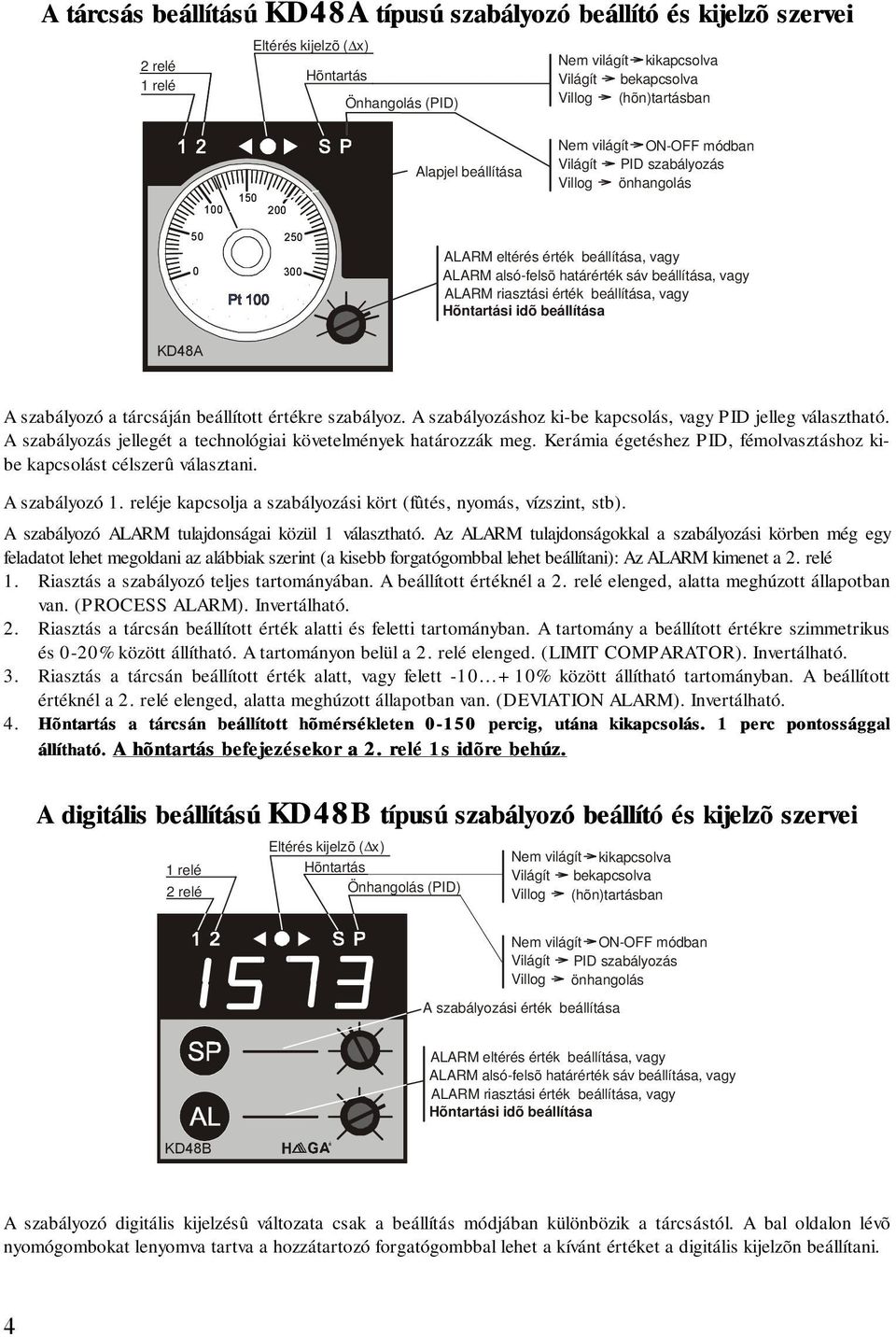 riasztási érték beállítása, vagy Hõntartási idõ beállítása KD48A A szabályozó a tárcsáján beállított értékre szabályoz. A szabályozáshoz ki-be kapcsolás, vagy PID jelleg választható.