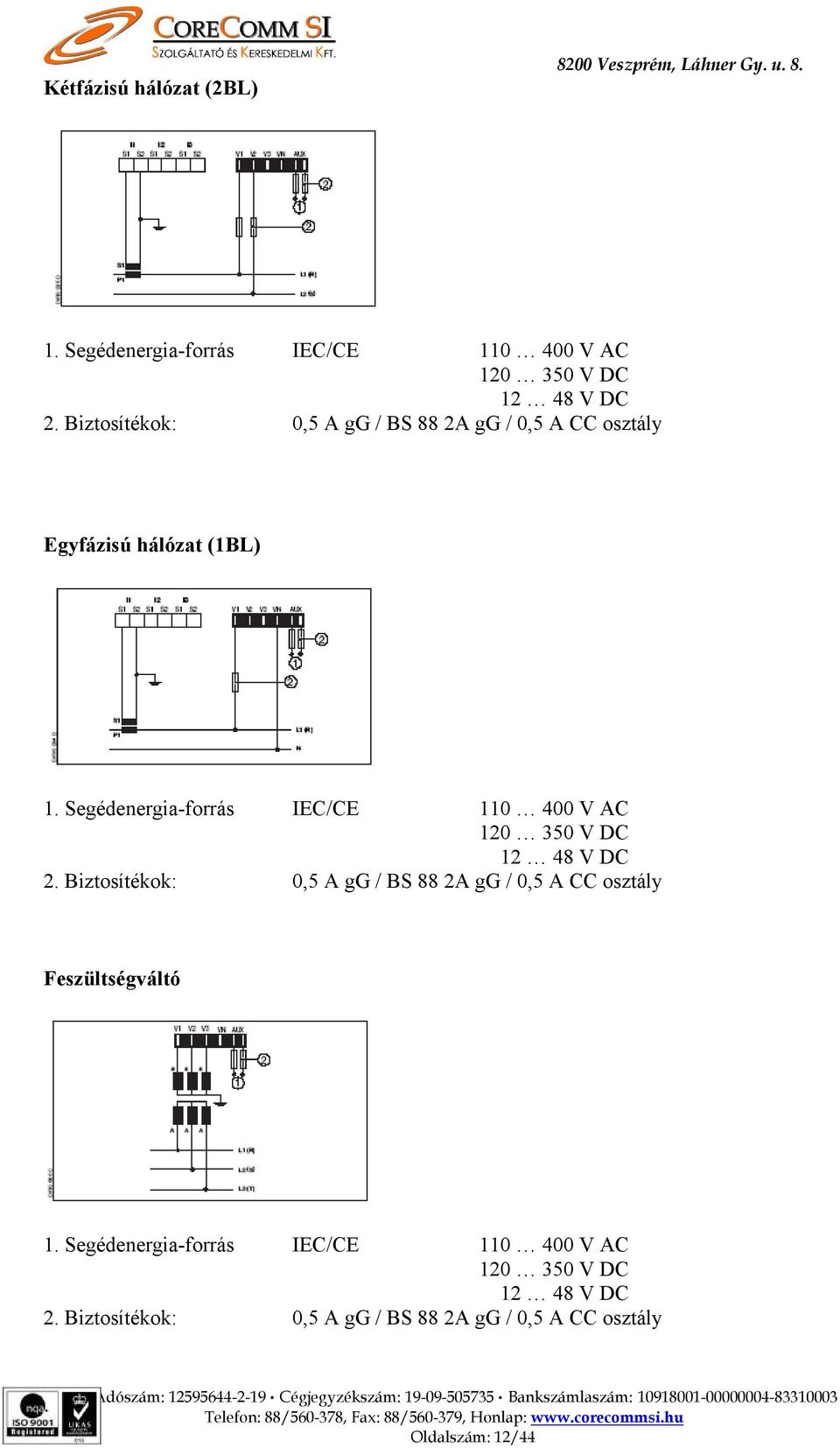 Segédenergia-forrás IEC/CE 110 400 V AC 120 350 V DC 12 48 V DC 2.
