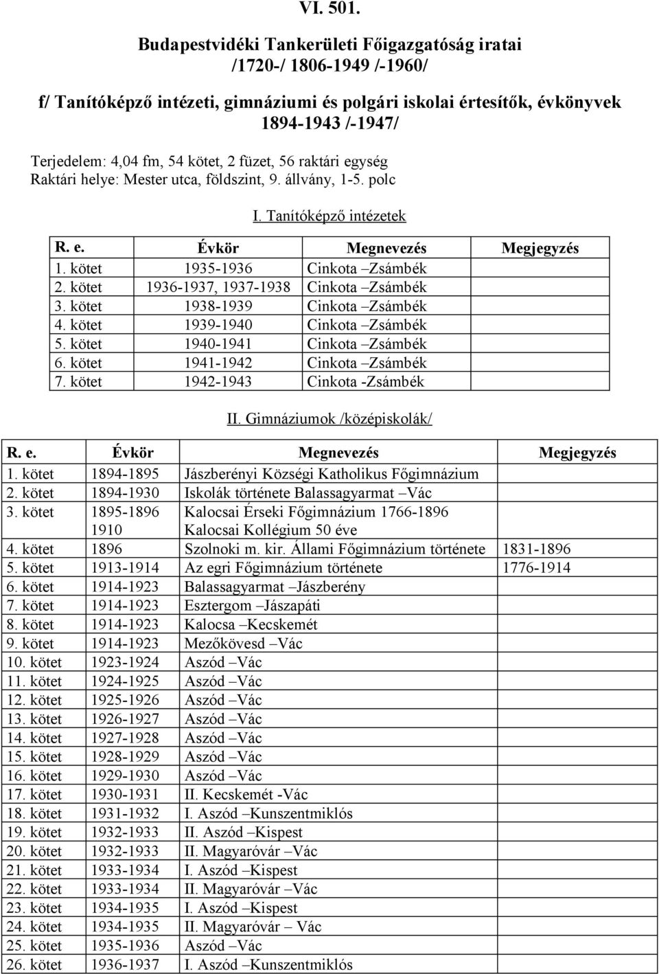 füzet, 56 raktári egység Raktári helye: Mester utca, földszint, 9. állvány, -5. polc I. Tanítóképző intézetek R. e. Évkör Megnevezés Megjegyzés. kötet 935-936 Cinkota Zsámbék 2.