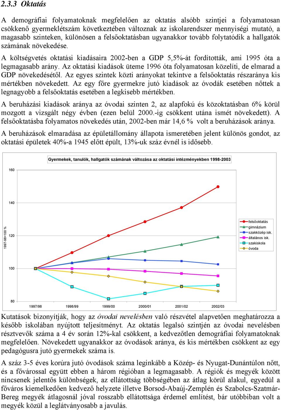 A költségvetés oktatási kiadásaira 2002-ben a GDP 5,5%-át fordították, ami 1995 óta a legmagasabb arány. Az oktatási kiadások üteme 1996 óta folyamatosan közelíti, de elmarad a GDP növekedésétől.