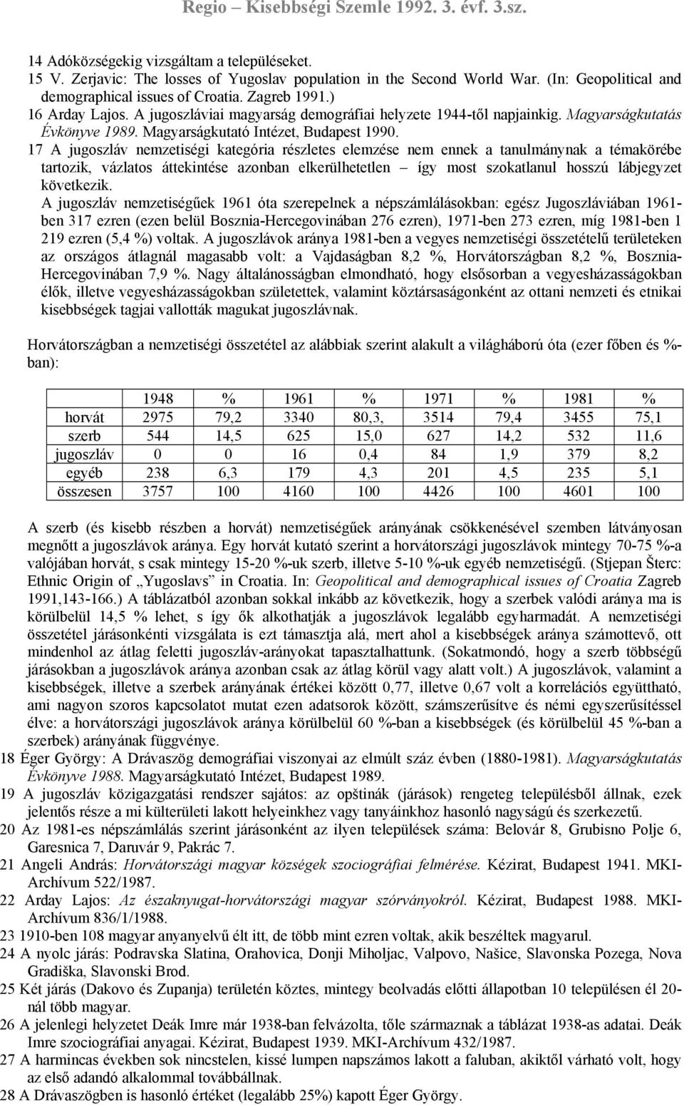 17 A jugoszláv nemzetiségi kategória részletes elemzése nem ennek a tanulmánynak a témakörébe tartozik, vázlatos áttekintése azonban elkerülhetetlen így most szokatlanul hosszú lábjegyzet következik.