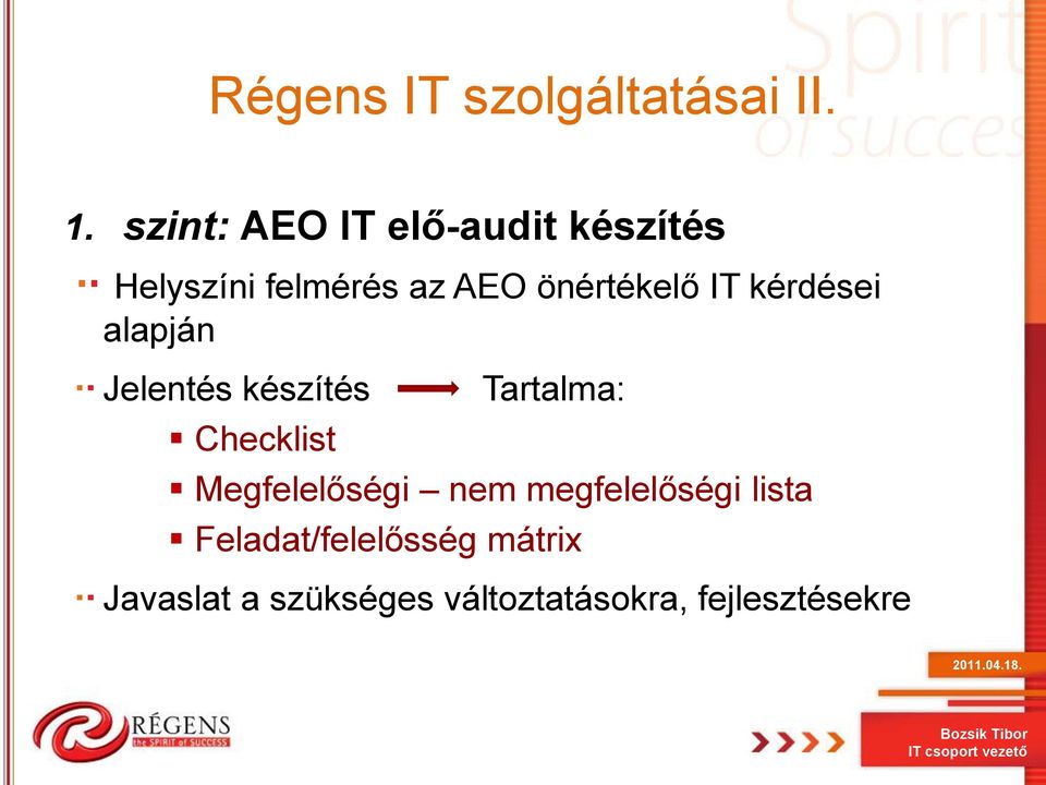 önértékelő IT kérdései alapján Jelentés készítés Checklist Tartalma: