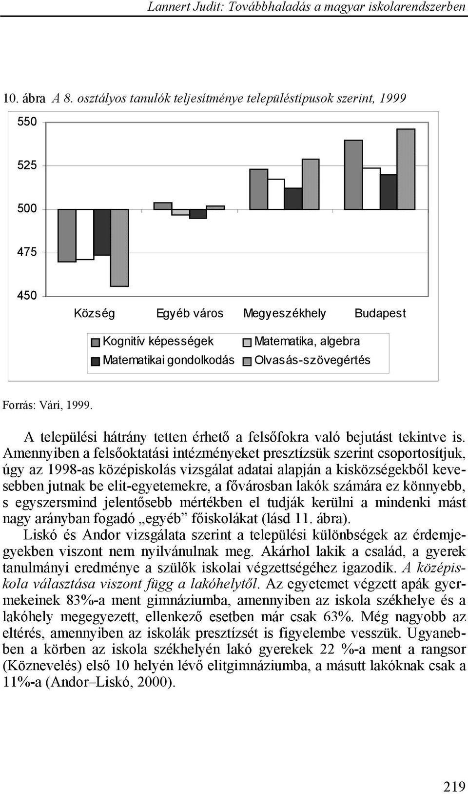 Olvasás-szövegértés Forrás: Vári, 1999. A települési hátrány tetten érhető a felsőfokra való bejutást tekintve is.