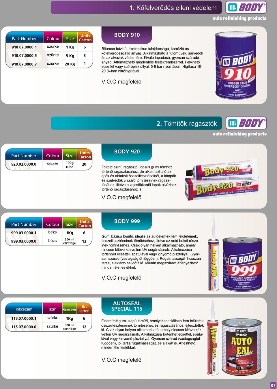 Hígítása 10 20 %ban nitróhígítóval. 2. Tömítőkragasztók Part Number Colour Size 920.02.0000.0 100g tube Units Carton 20 BODY 920 Fekete ű ragasztó.