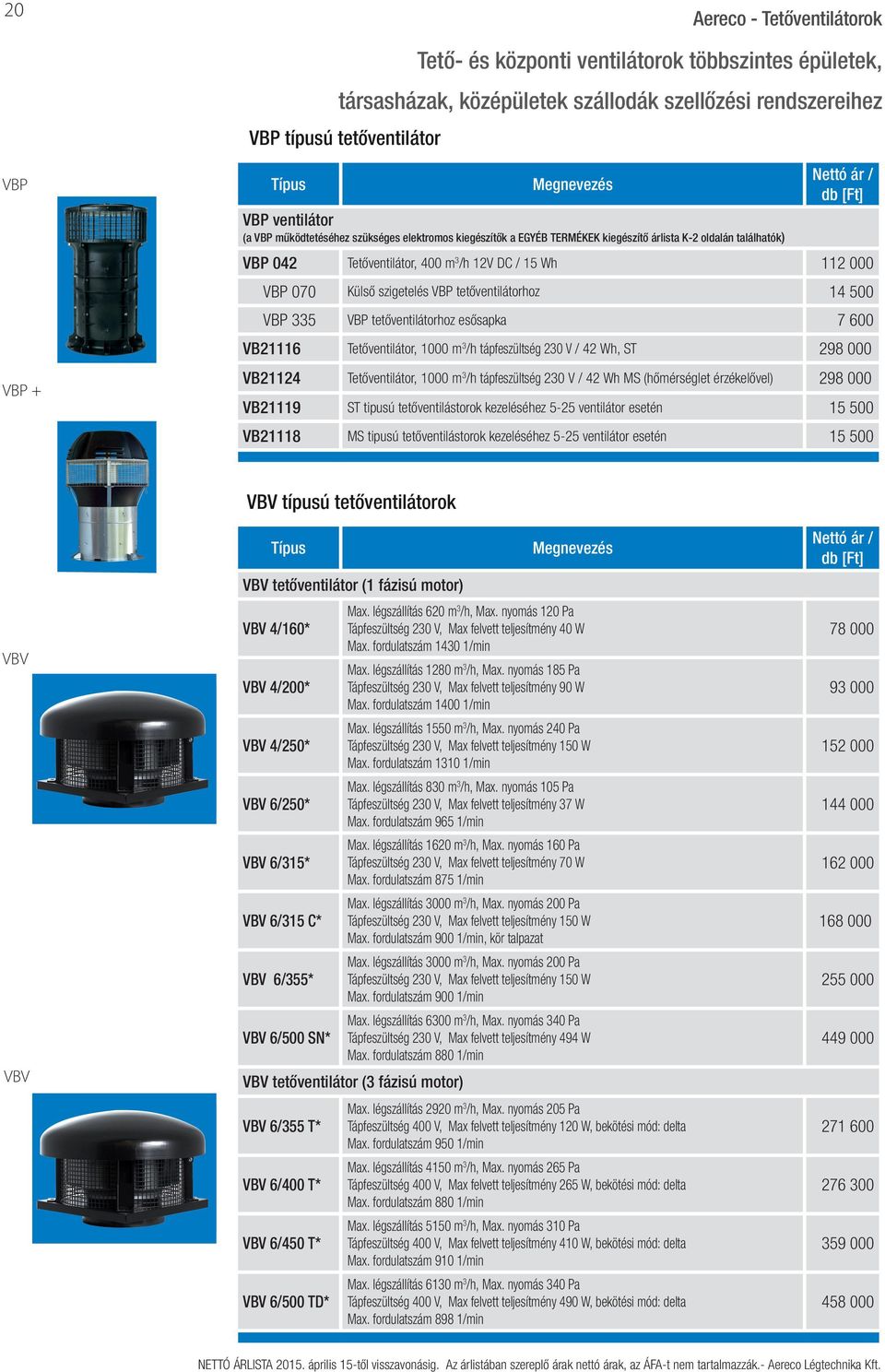 tetőventilátorhoz 14 500 VBP 335 VBP tetőventilátorhoz esősapka 7 600 VB21116 Tetőventilátor, 1000 m 3 /h tápfeszültség 230 V / 42 Wh, ST 298 000 VB21124 Tetőventilátor, 1000 m 3 /h tápfeszültség 230