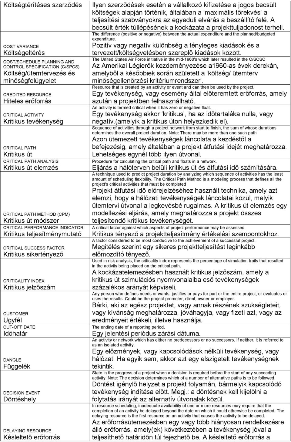 teljesítménymutató CRITICAL SUCCESS FACTOR Kritikus sikertényező CRITICALITY INDEX Kritikus jelzőszám CUSTOMER Ügyfél CUT-OFF DATE Időhatár DANGLE Függelék DECISION EVENT Döntéshely DELAYING RESOURCE