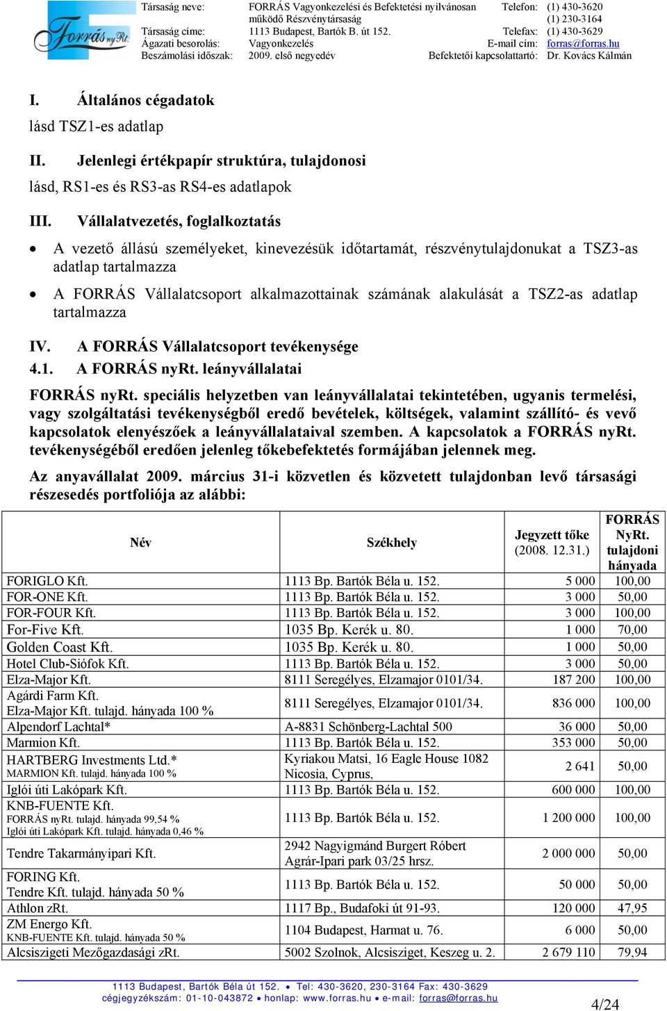 a TSZ2-as adatlap tartalmazza IV. A FORRÁS Vállalatcsoport tevékenysége 4.1. A FORRÁS nyrt. leányvállalatai FORRÁS nyrt.