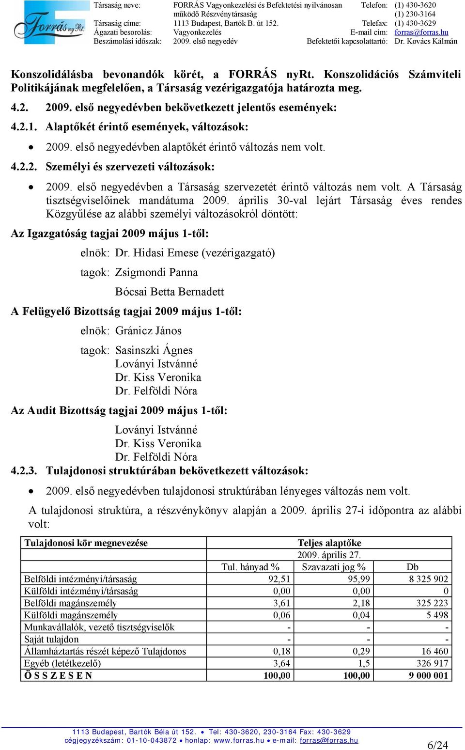 első negyedévben a Társaság szervezetét érintő változás nem volt. A Társaság tisztségviselőinek mandátuma 2009.